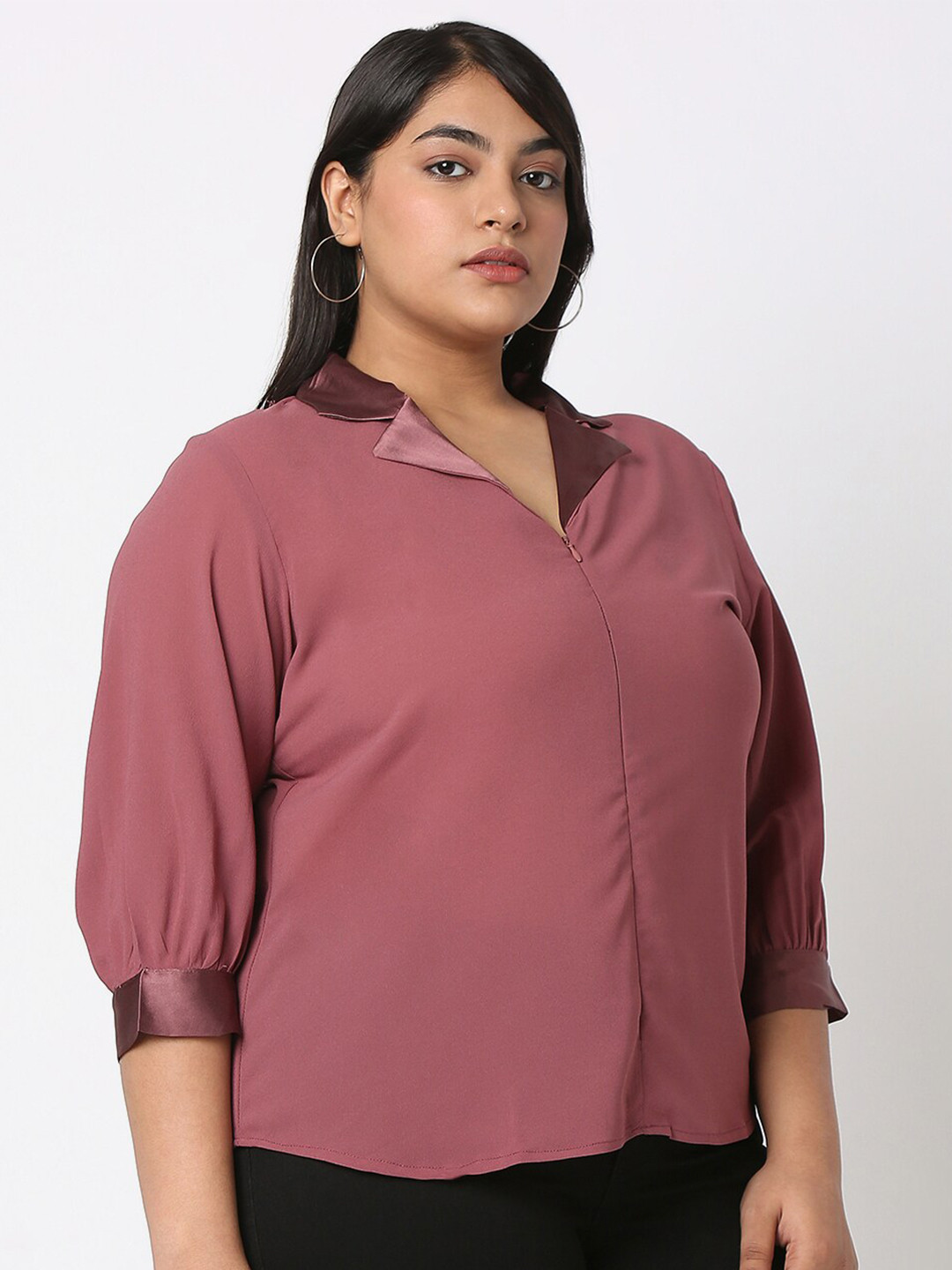Curves by MISH Plus Size Cuffed Sleeves Shirt Style Top