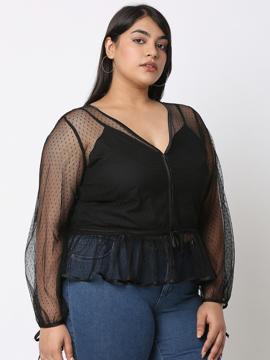 Curves by MISH Plus Size Self Design Waist Tie-Up Semi Sheer Top