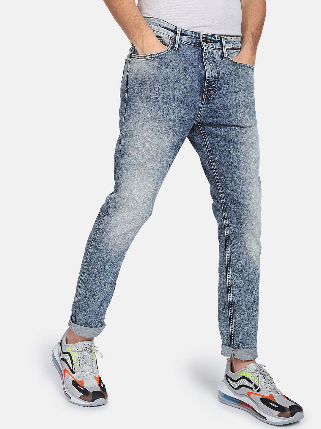Flying Machine Mid Rise Slash Slim Tapered Jeans