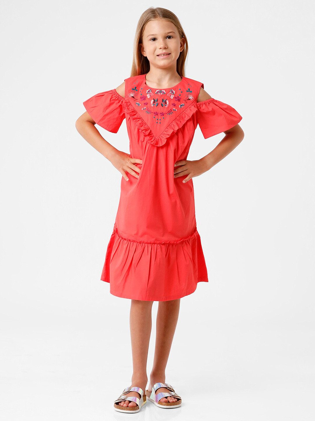 KATE & OSCAR Girls Cold-Shoulder Sleeves Ruffled Cotton Drop-Waist Dress