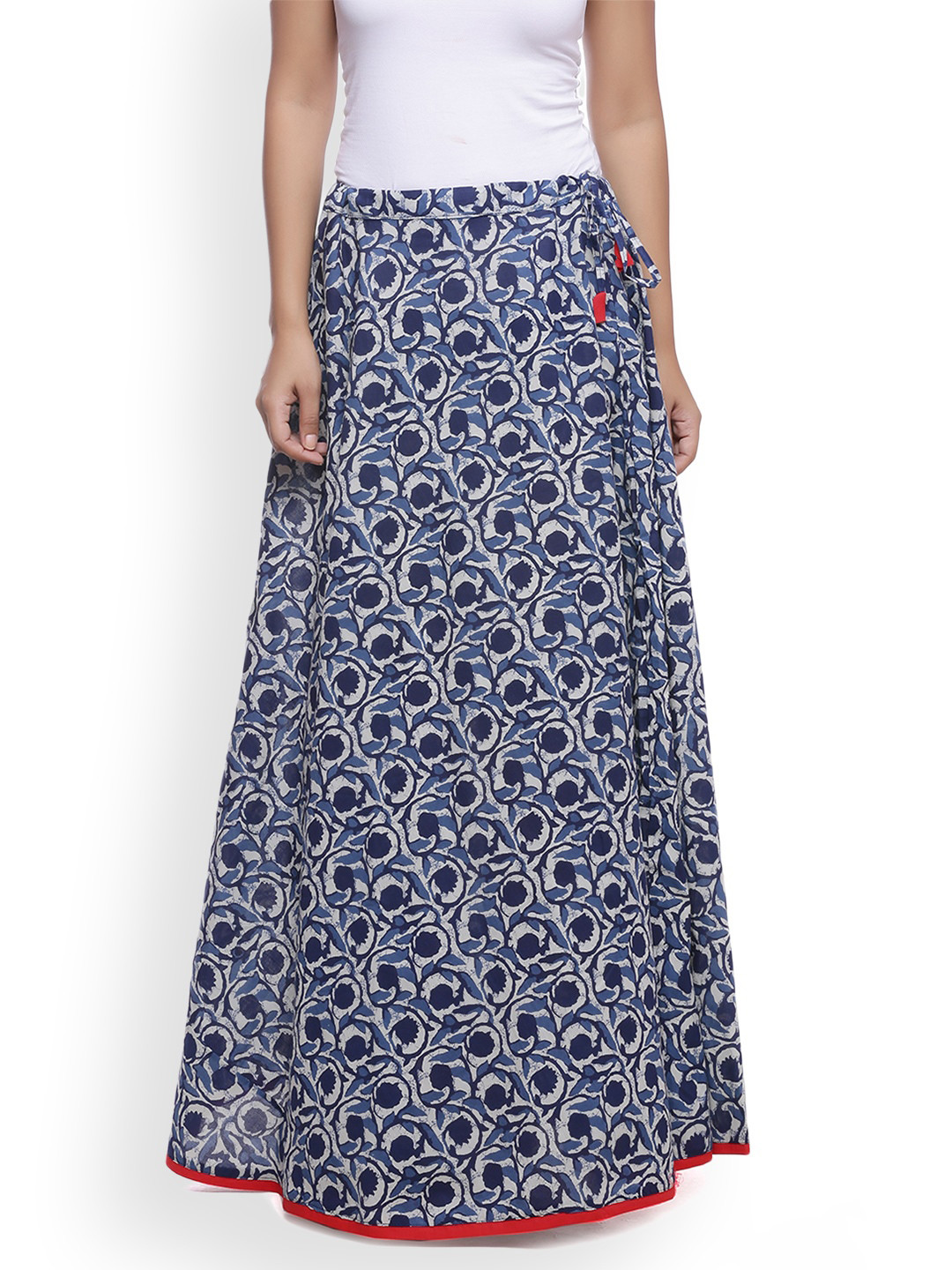 Soundarya Blue Floral Print Flared Maxi Pure Cotton Skirt