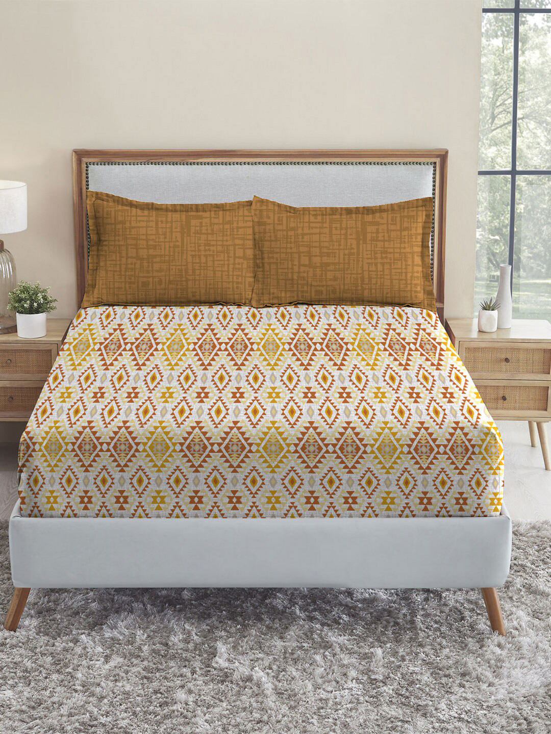 MYTRIDENT Feather Tales Mustard Ethnic Motifs Pure Cotton 144 TC Queen Bedsheet with 2 Pillow Covers-90 x 100 inches