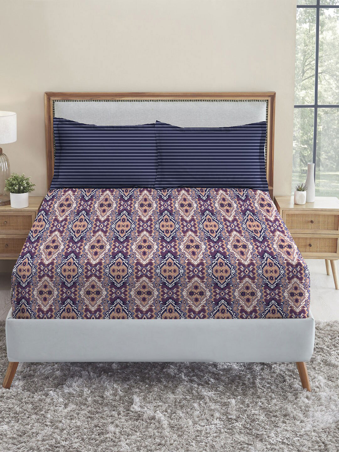 MYTRIDENT Feather Tales Blue Graphic Pure Cotton 144 TC Queen Bedsheet with 2 Pillow Covers-90 x 100 inches