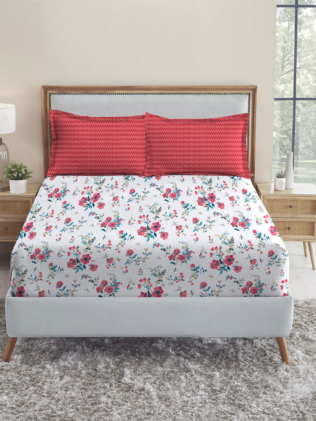 MYTRIDENT Feather Tales White Floral Pure Cotton 144 TC Queen Bedsheet with 2 Pillow Covers-90 x 100 inches