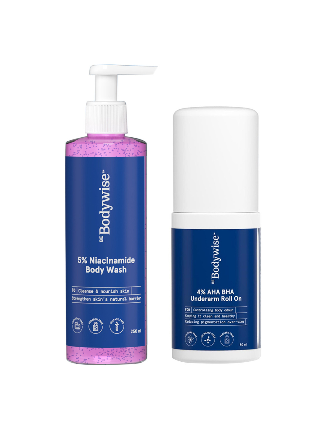 Be Bodywise 5% Niacinamide Body Wash 250ml & Women 4% AHA BHA Underarm Roll On 50ml