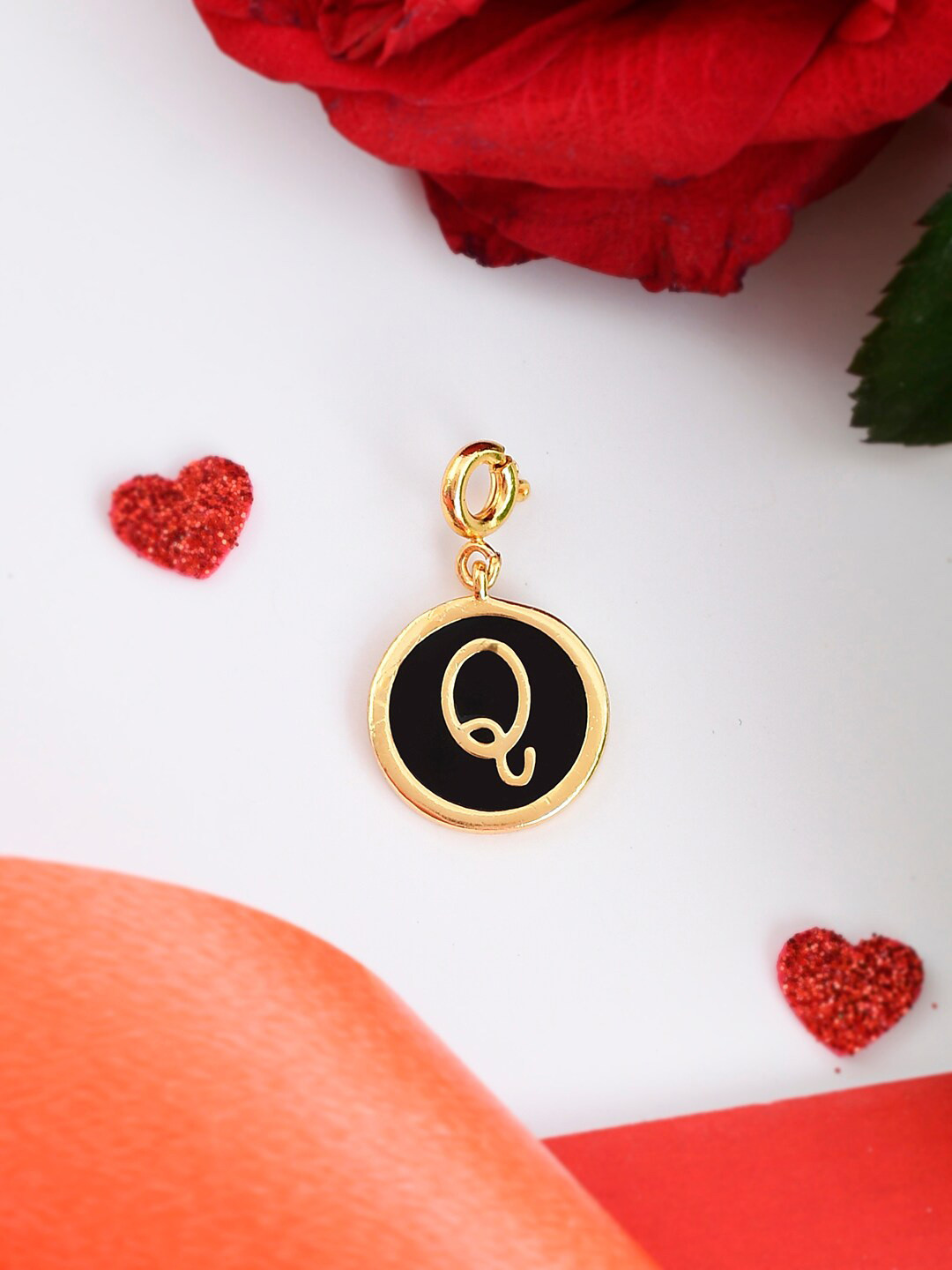 Voylla Gold-Plated & Black Enamelled Valentines Day Q Alphabet Charm