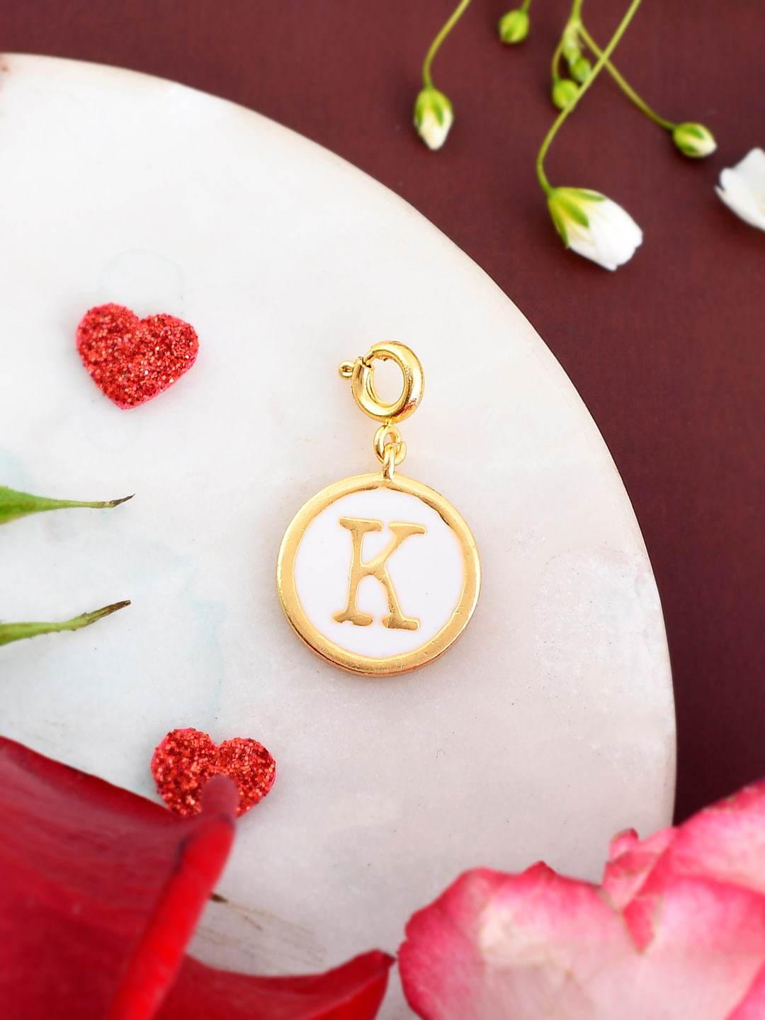 Voylla Gold-Plated & White Enamelled Valentines Day K Alphabet Charm