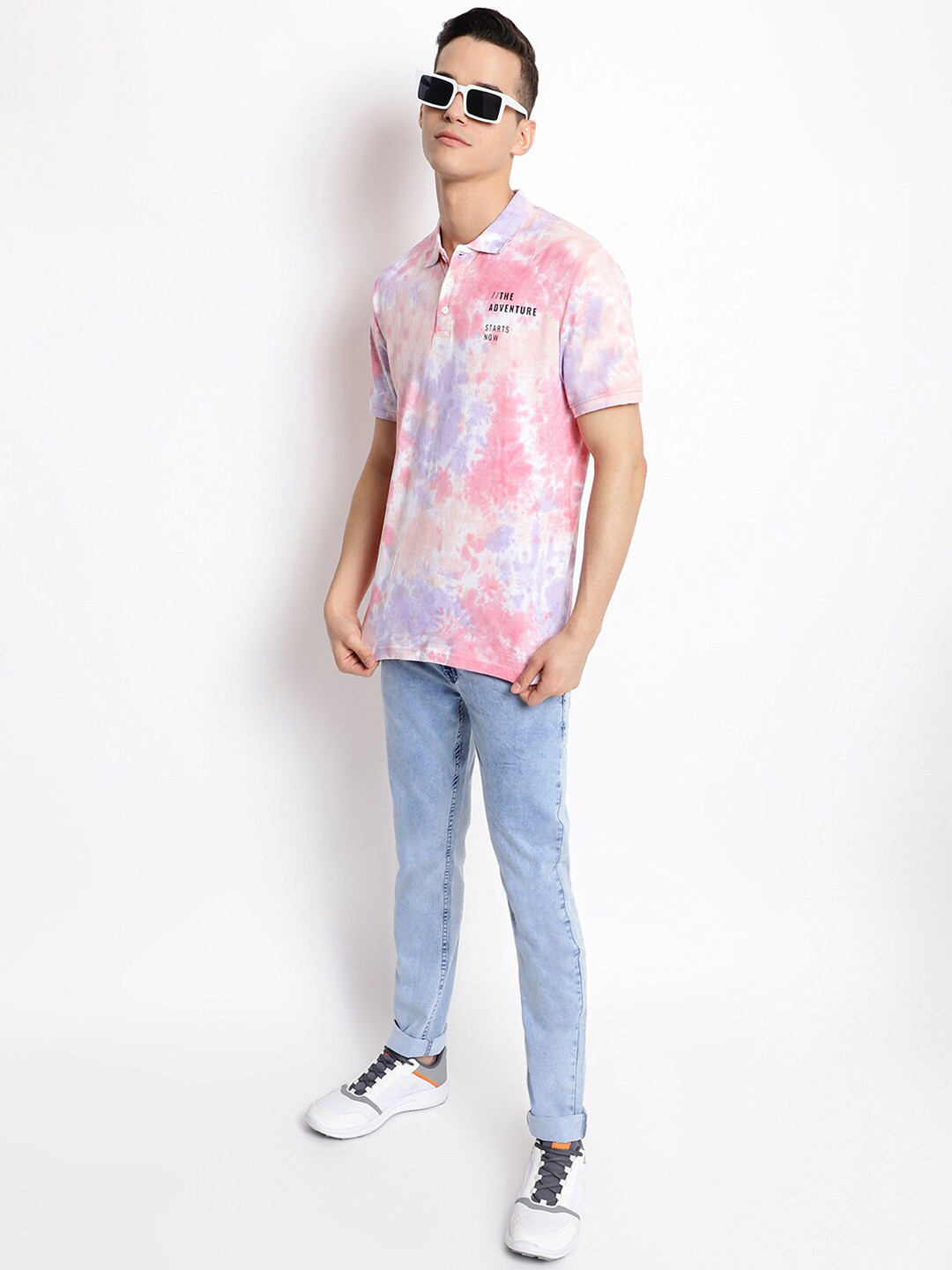 Belliskey Men Tie and Dye Polo Collar Cotton T-shirt