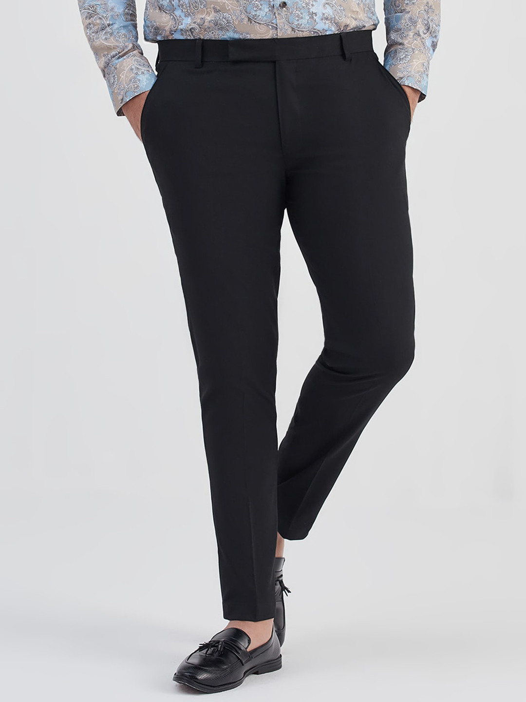 MR BUTTON Men Black Mid Rise Slim Fit Formal Trousers