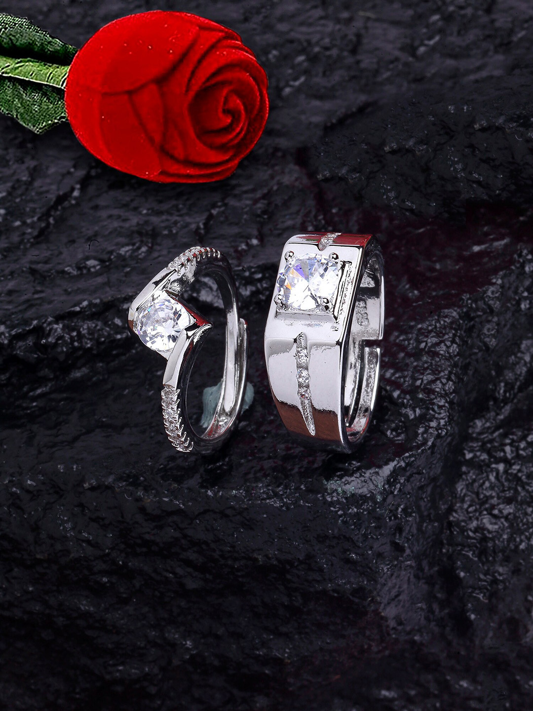 KARATCART Silver-Plated AD Studded Adjustable Couple Finger Rings With Red Rose Box
