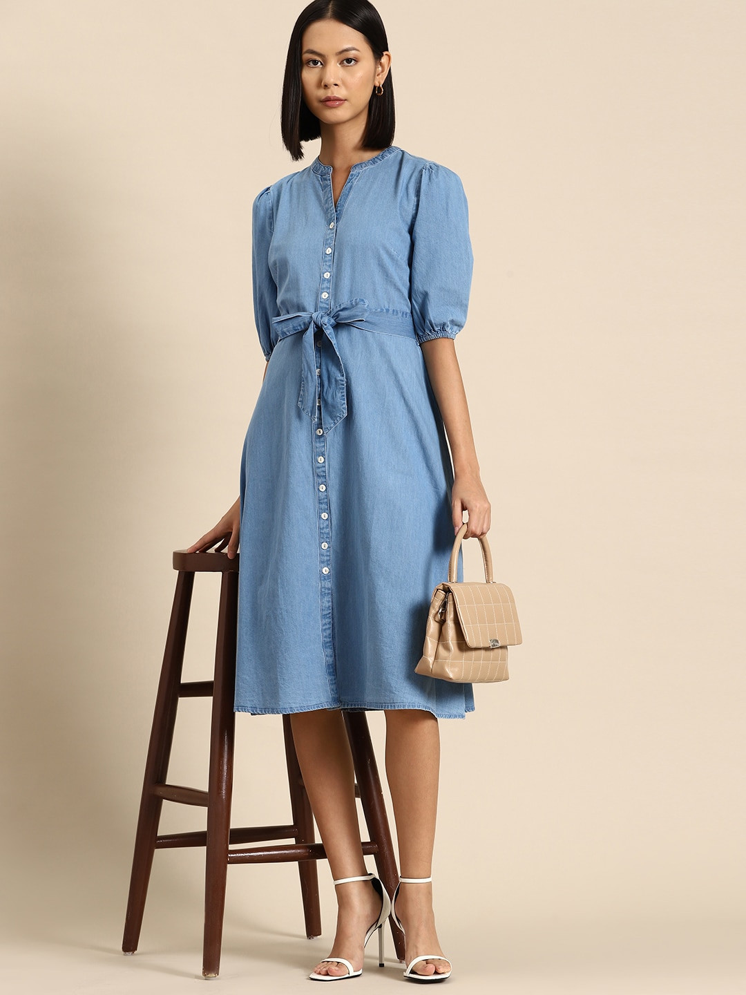 all about you Chambray Finish Puff Sleeves Tie-Up Detail A-Line Dress