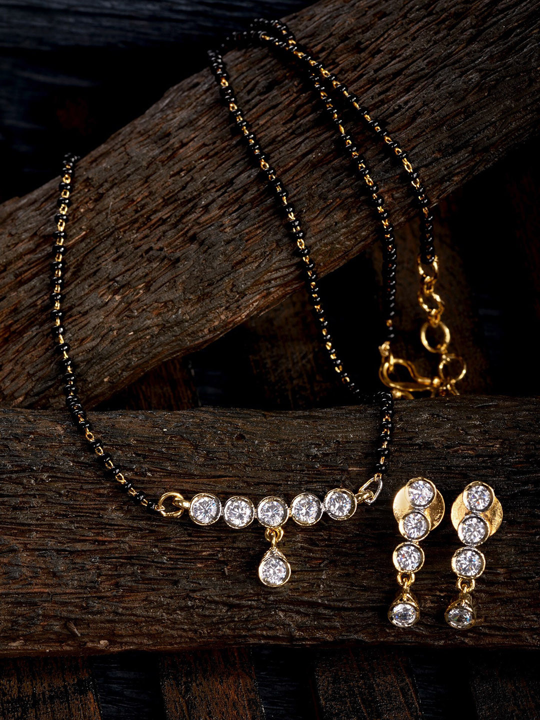 Saraf RS Jewellery Gold Plated & Black Beaded Mangalsutra With Earrings