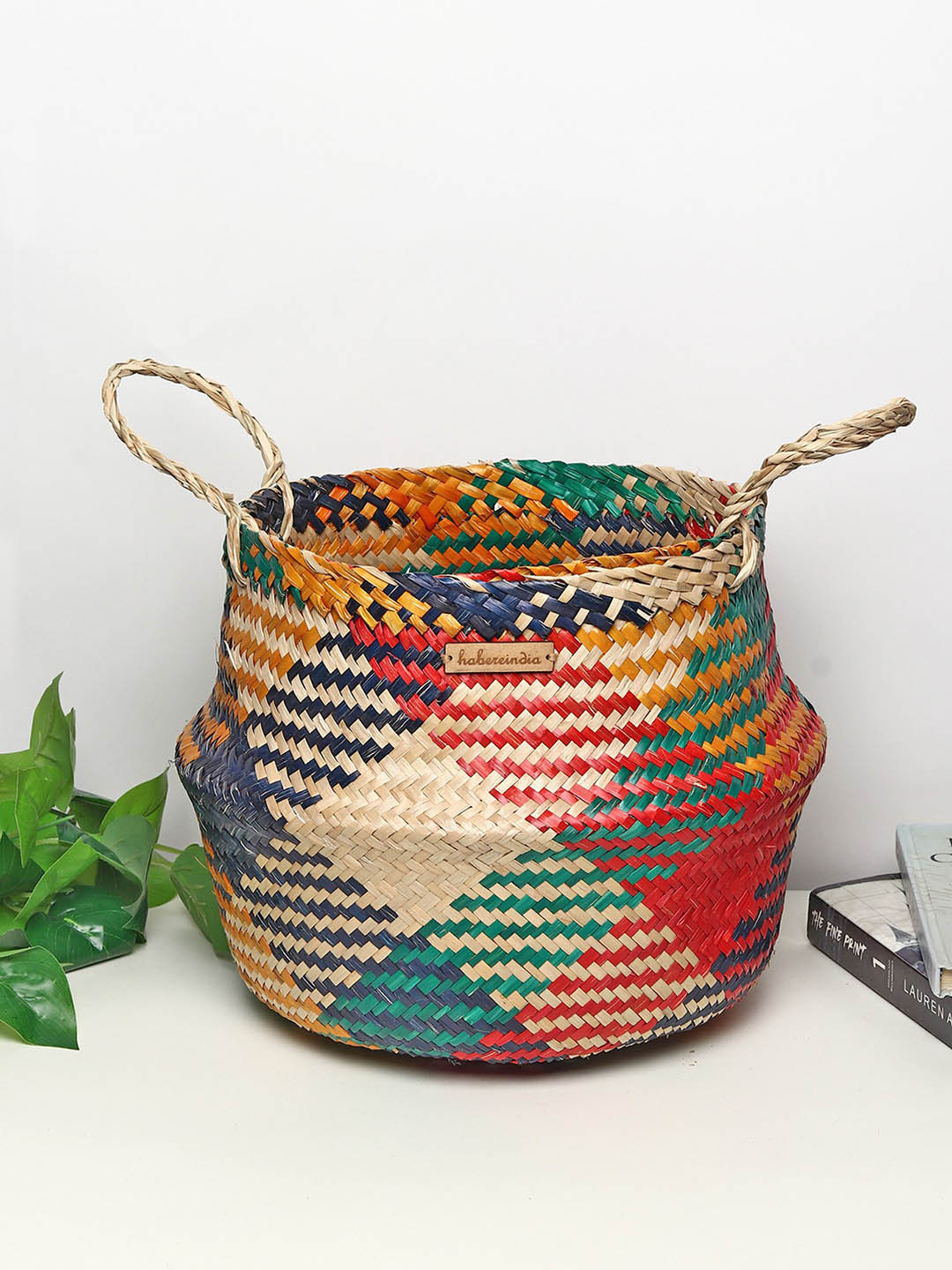 HABERE INDIA Beige & Blue Seagrass Belly Plant Large Storage Basket