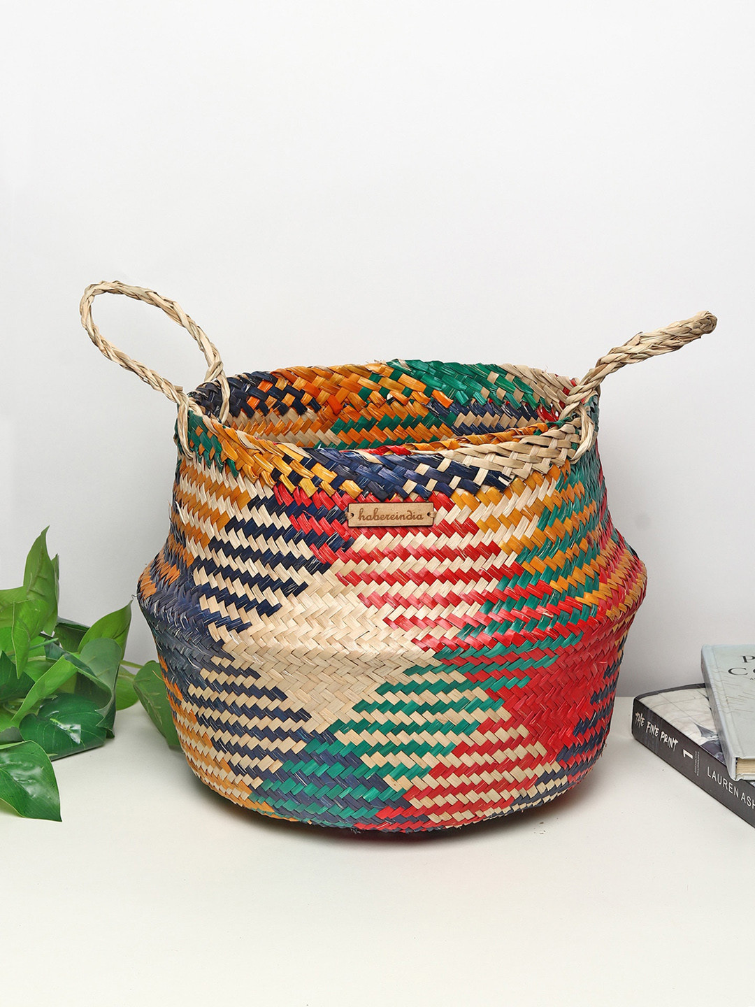 HABERE INDIA Red & Yellow Seagrass Belly Plant Medium Storage Basket