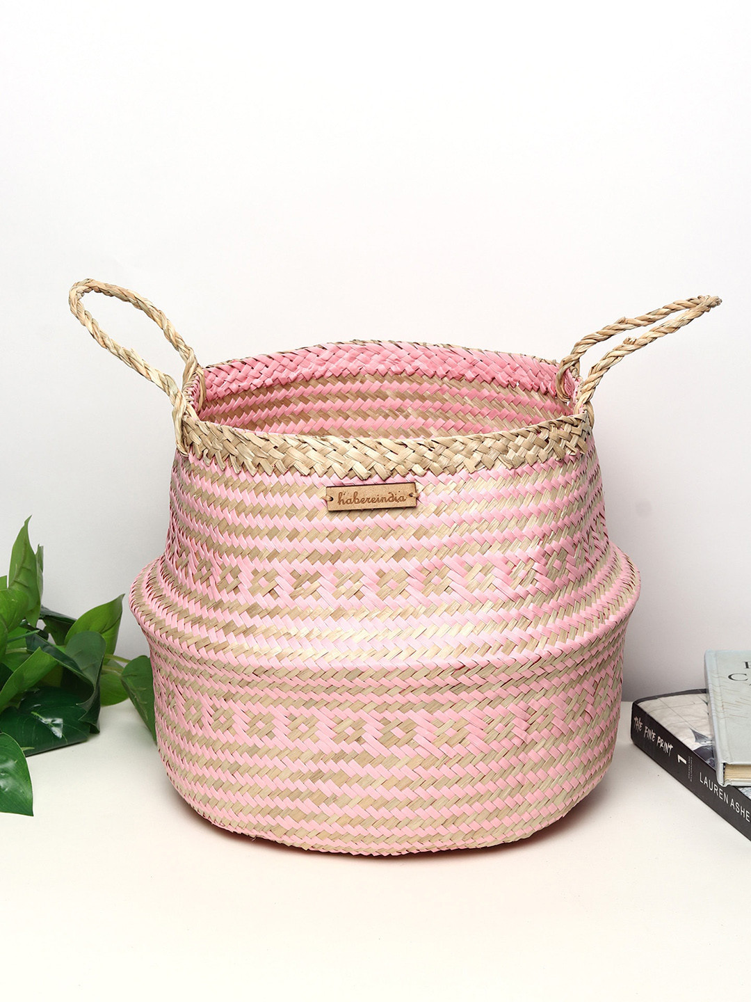 HABERE INDIA Pink & Beige Seagrass Belly Plant Small Storage Basket