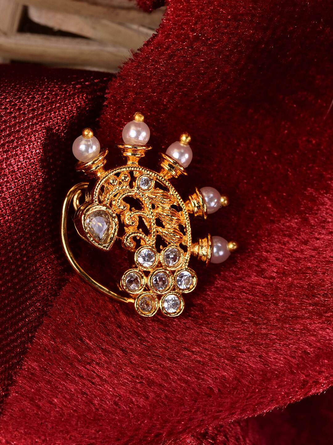 Saraf RS Jewellery Gold-Plated CZ Stone-Studded & Beaded Clip-On Nosepin