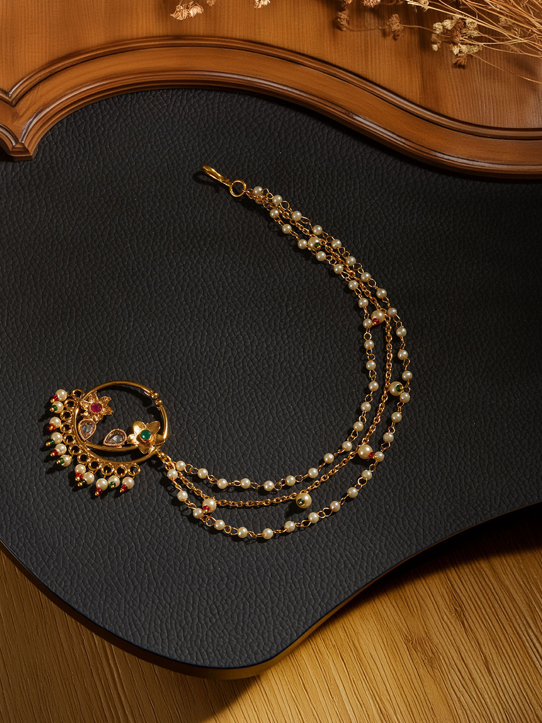 Saraf RS Jewellery Gold-Plated Kundan-Studded  & Beaded Floral Nose Ring