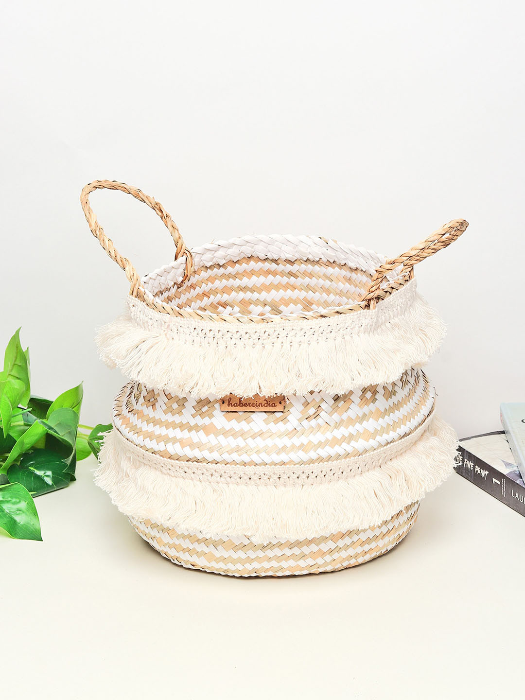 HABERE INDIA White & Beige Seagrass Belly Plant Medium Storage Basket with Tassels