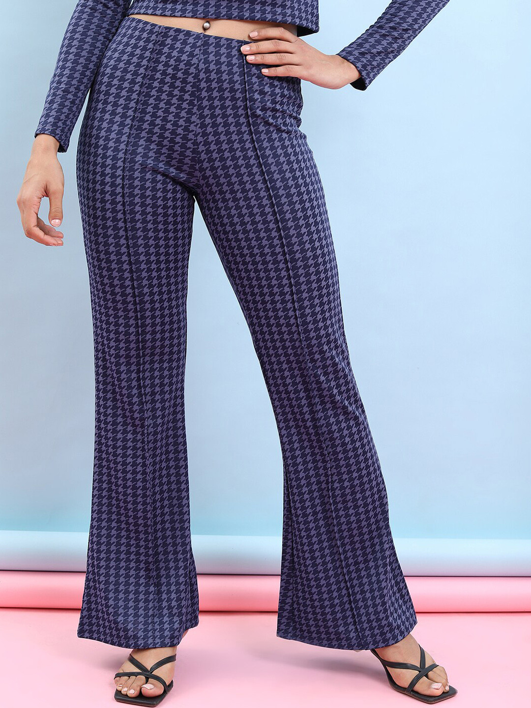 Tokyo Talkies Women Checked Bootcut Wide Leg Trousers