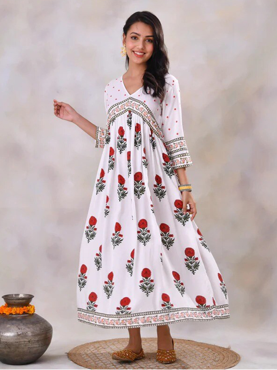 Rustorange White Floral Printed A-Line Cotton Dress