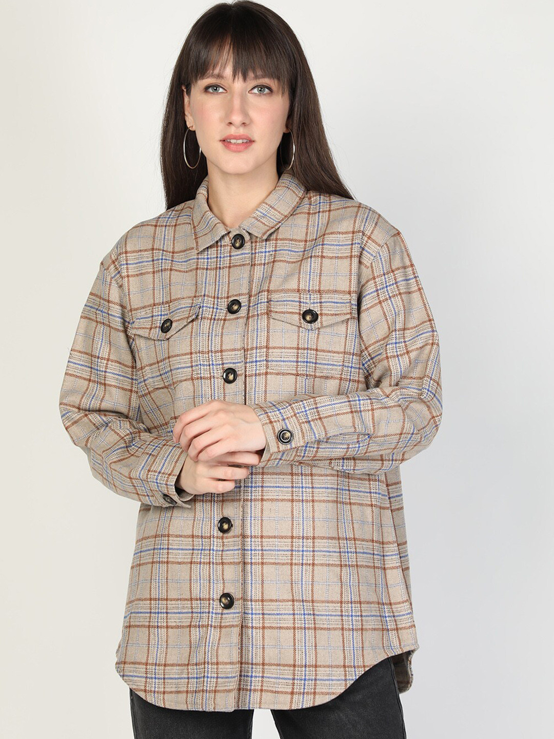 HONNETE Women Tartan Checks Casual Acrylic Shacket