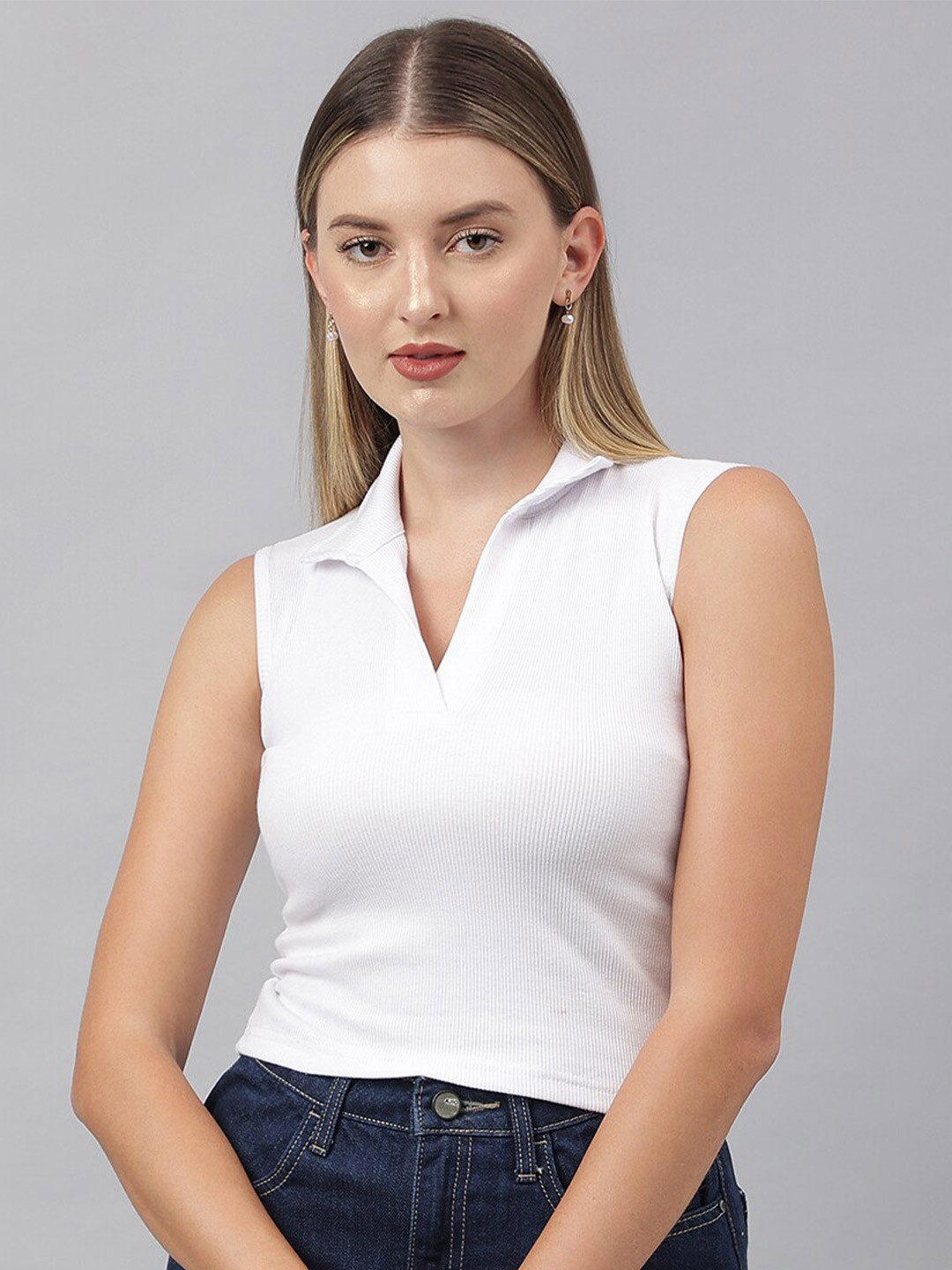COLOR CAPITAL Shirt Collar Fitted Crop Top