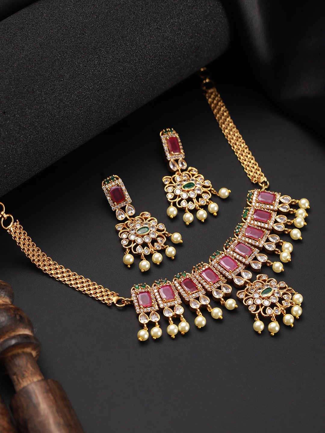 Jazz and Sizzle Gold-Plated & AD-Studded Temple Choker Jewellery Set