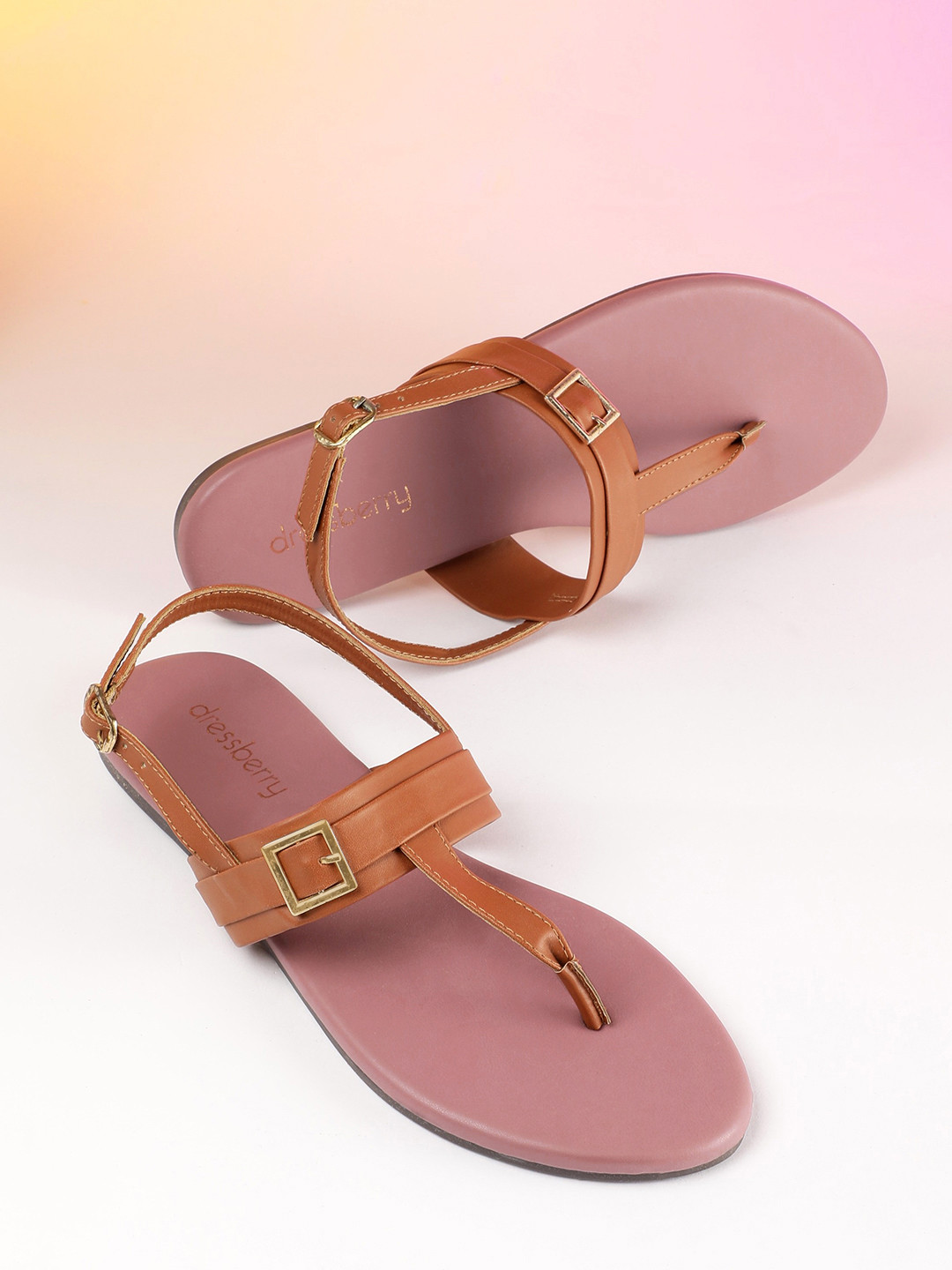 DressBerry Women Solid T-Strap Flats with Buckle Detail
