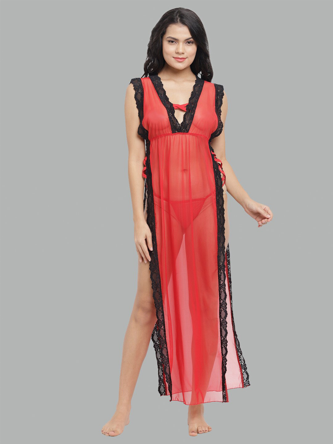 N-Gal V-Neck Maxi Nightdress with G-String Red