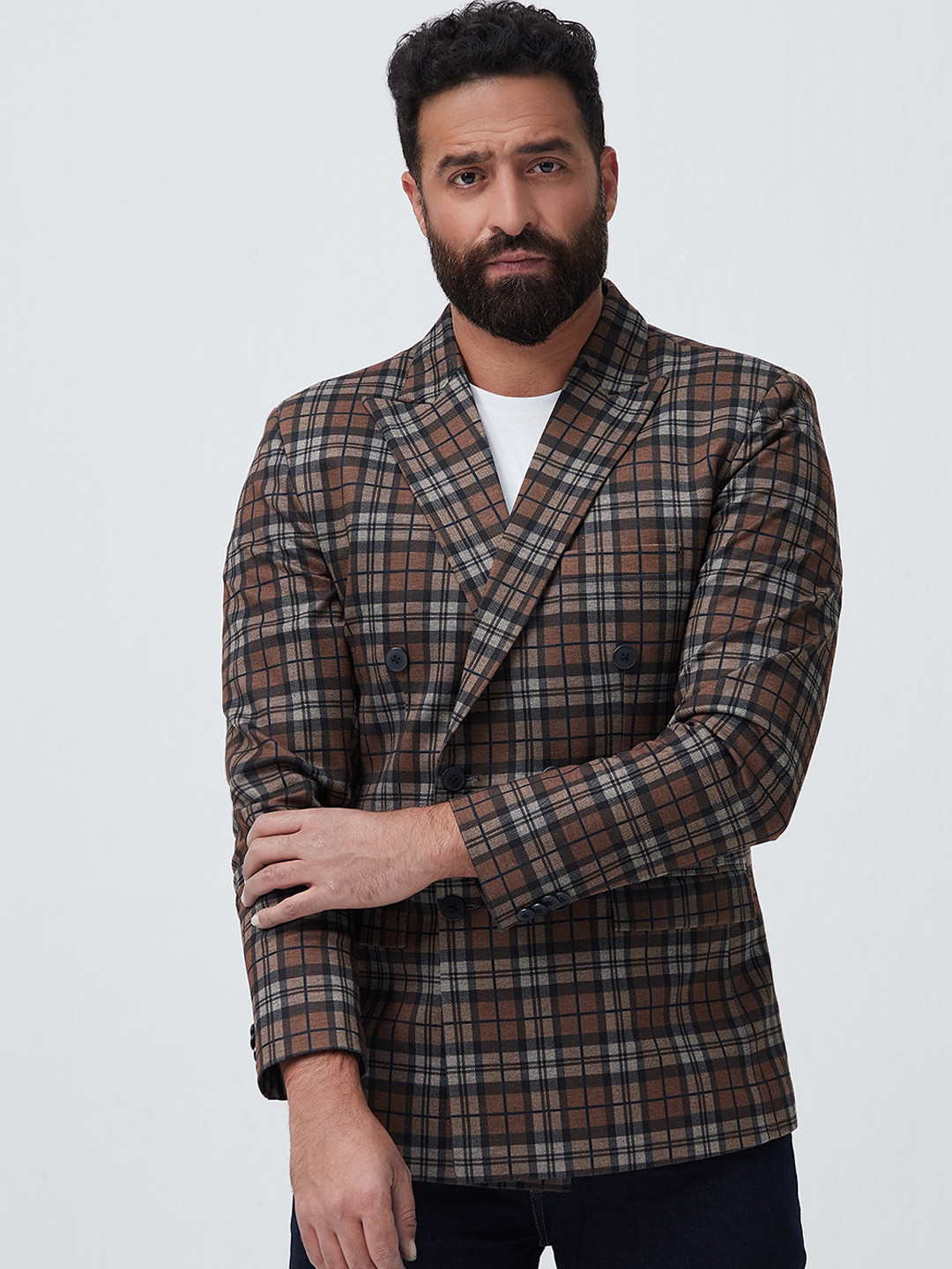 MR BUTTON Men Checked Double-Breasted Slim-Fit Blazers