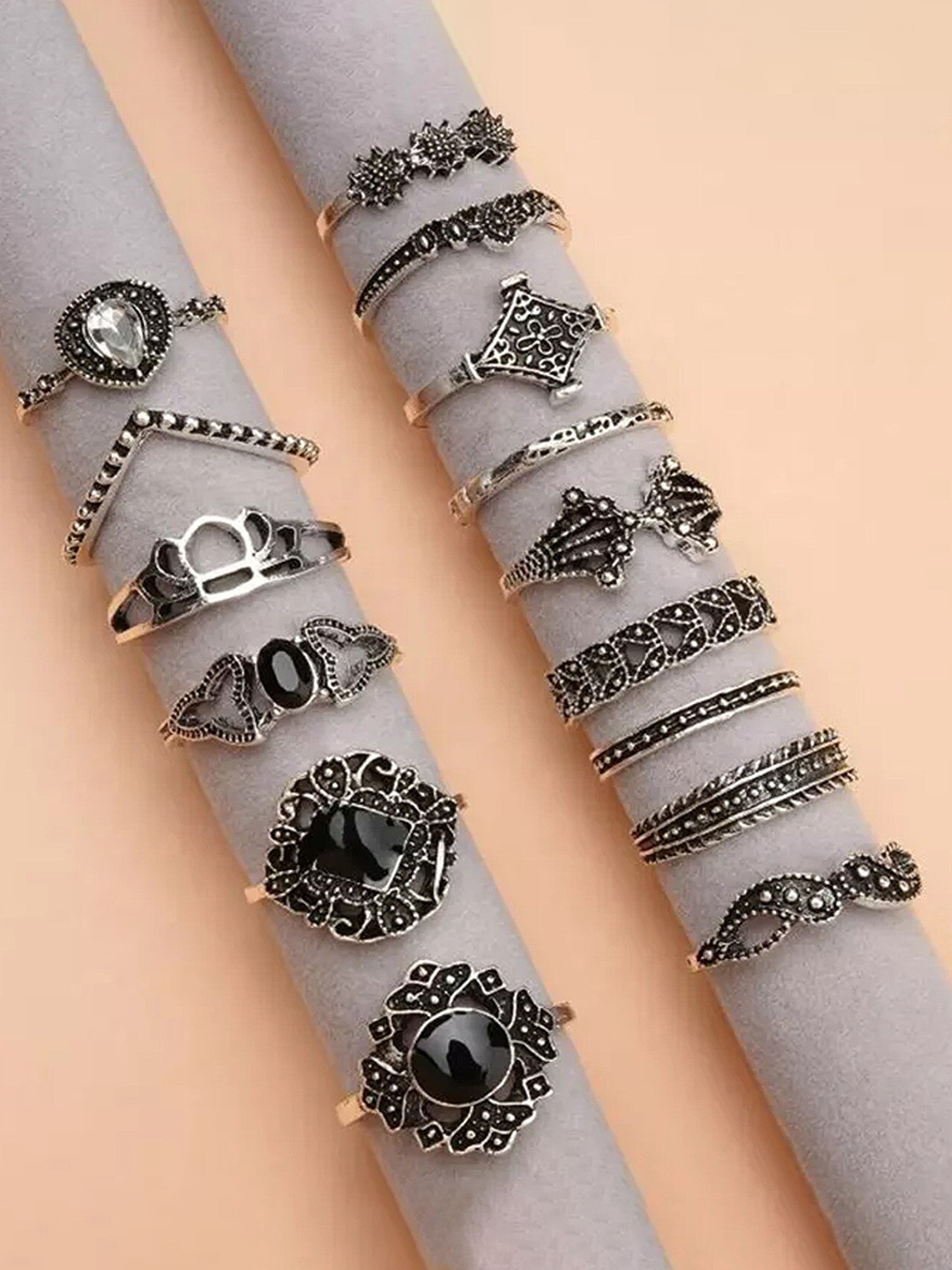 Pinapes Set Of 15 Oxidised Silver-Plated Adjustable Finger Ring