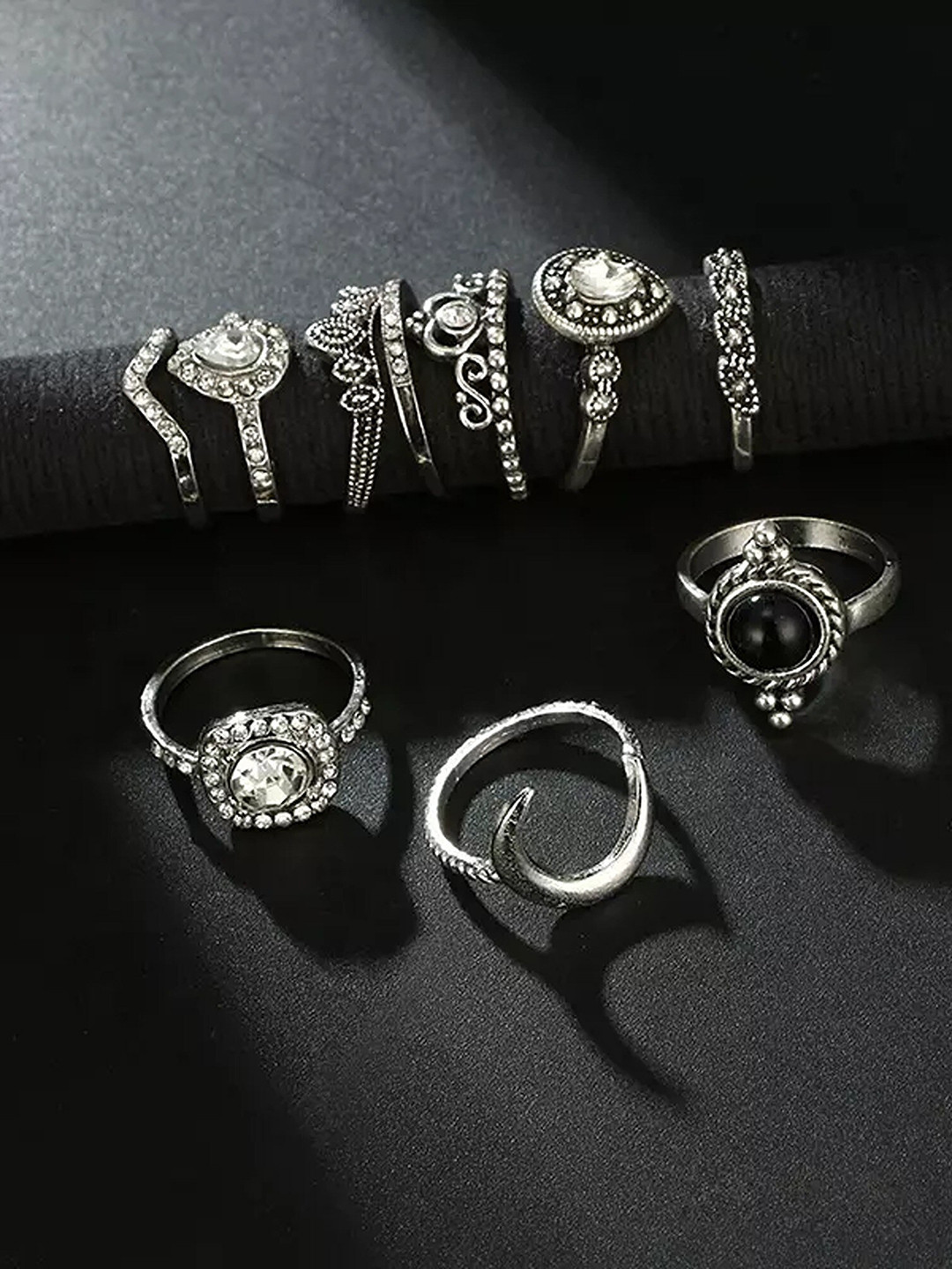Pinapes Set of 10 Silver-Plated Oxidised Finger Rings