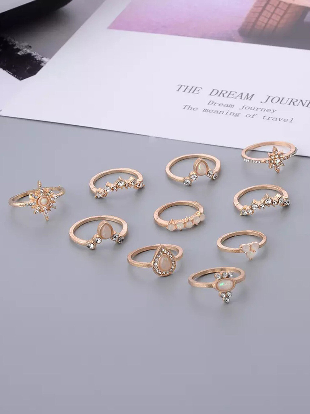 Pinapes Set Of 10 Gold-Plated Stones & Beads Adjustable Finger Rings