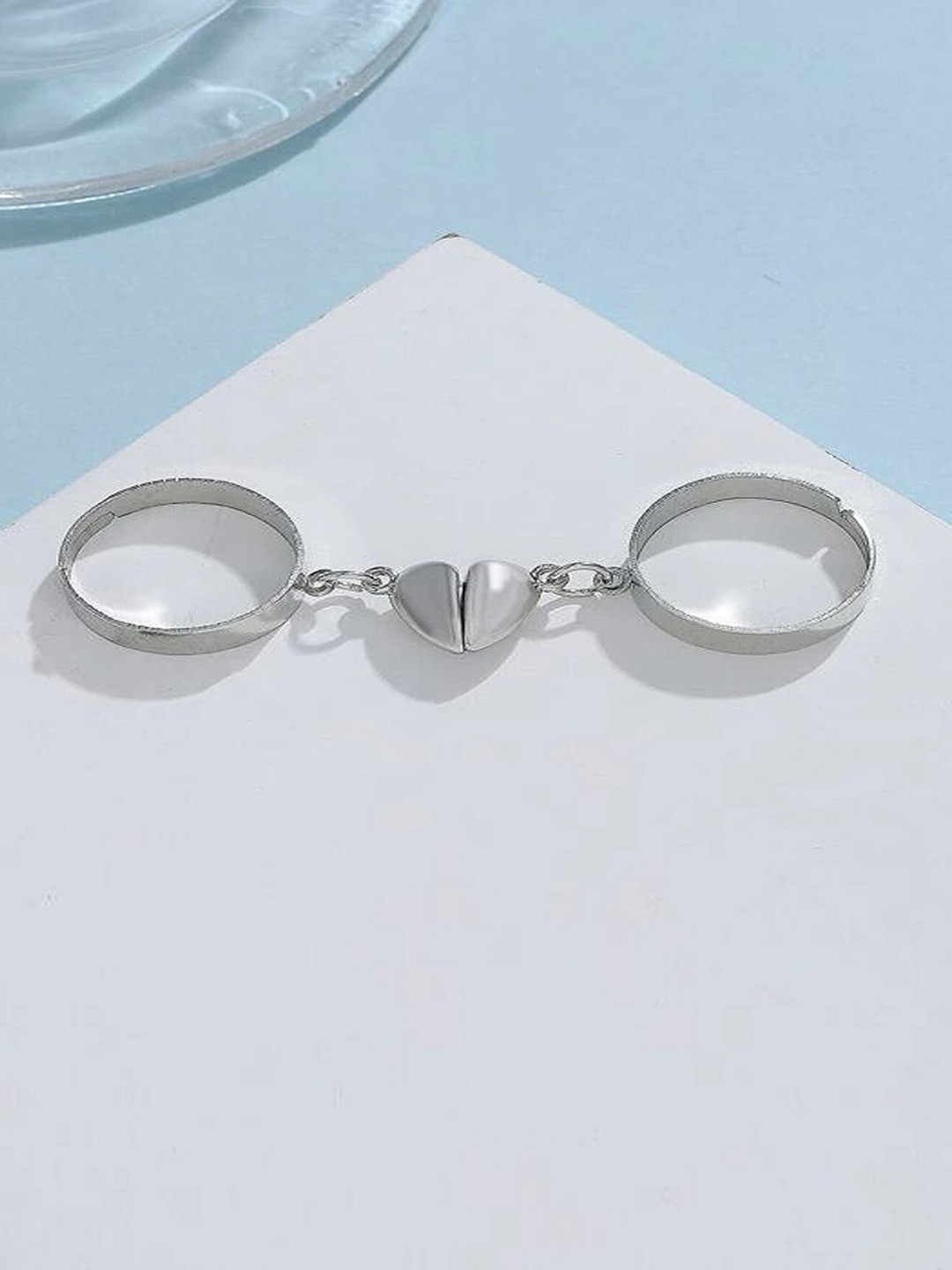 Pinapes Set Of 2 Silver-Plated Heart Couple Adjustable Finger Rings