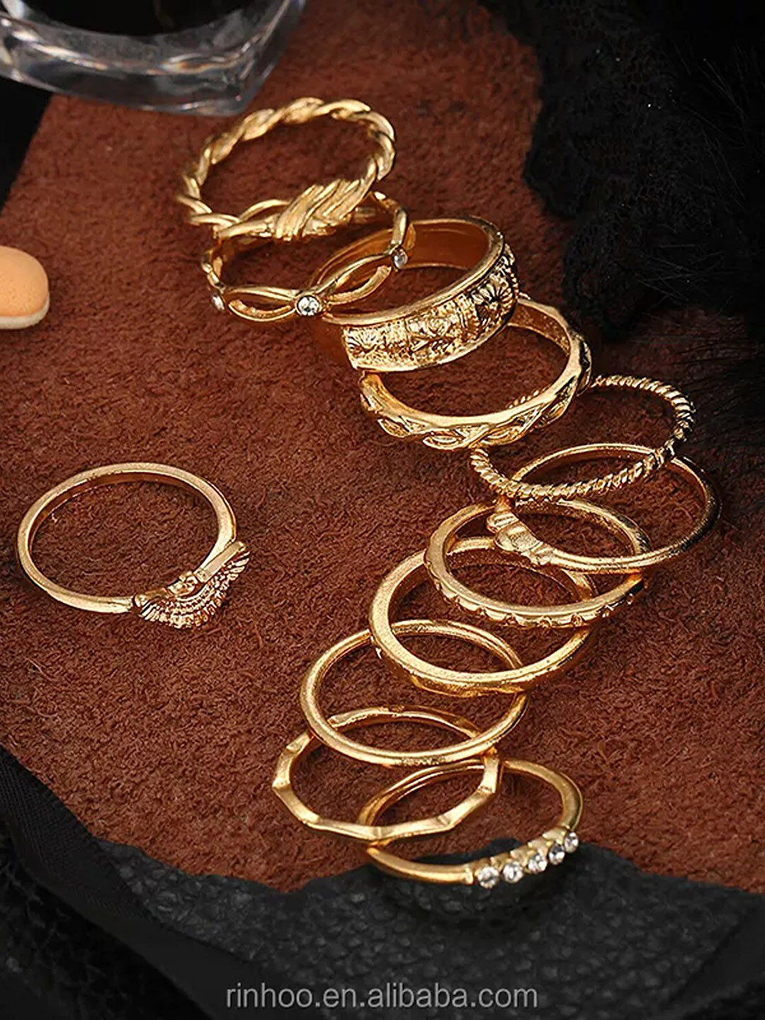 Pinapes Set Of 12 Gold-Plated Textured Stone-Studded Gold Rings