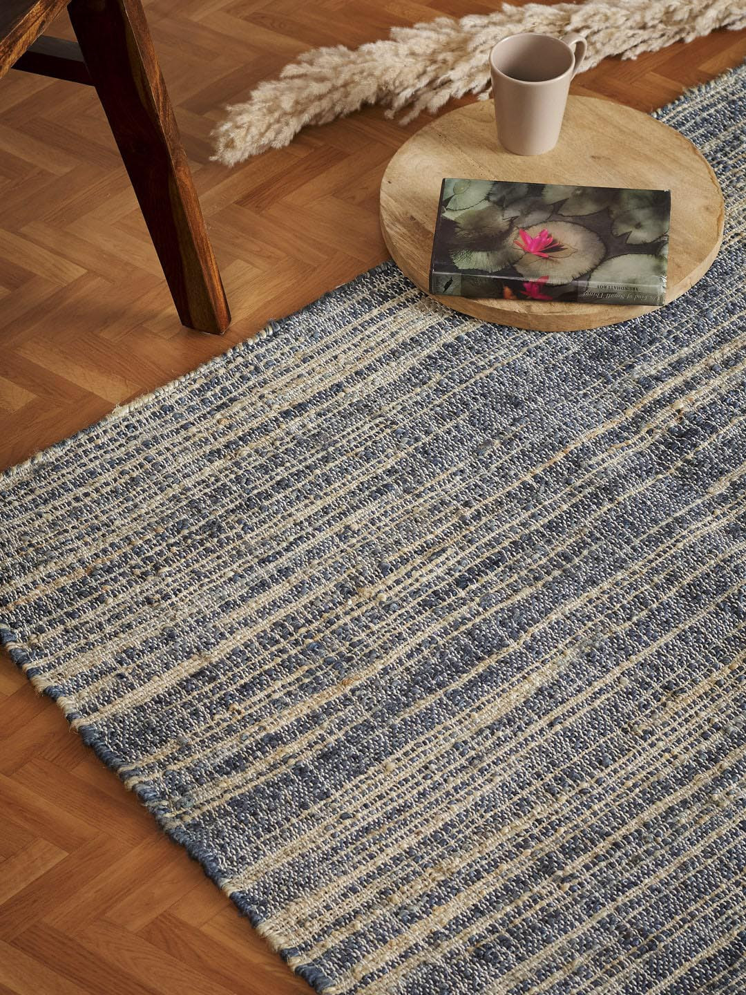 Fabindia Mihira Teal Blue & Brown Textured Woven Jute Cotton Dhurrie