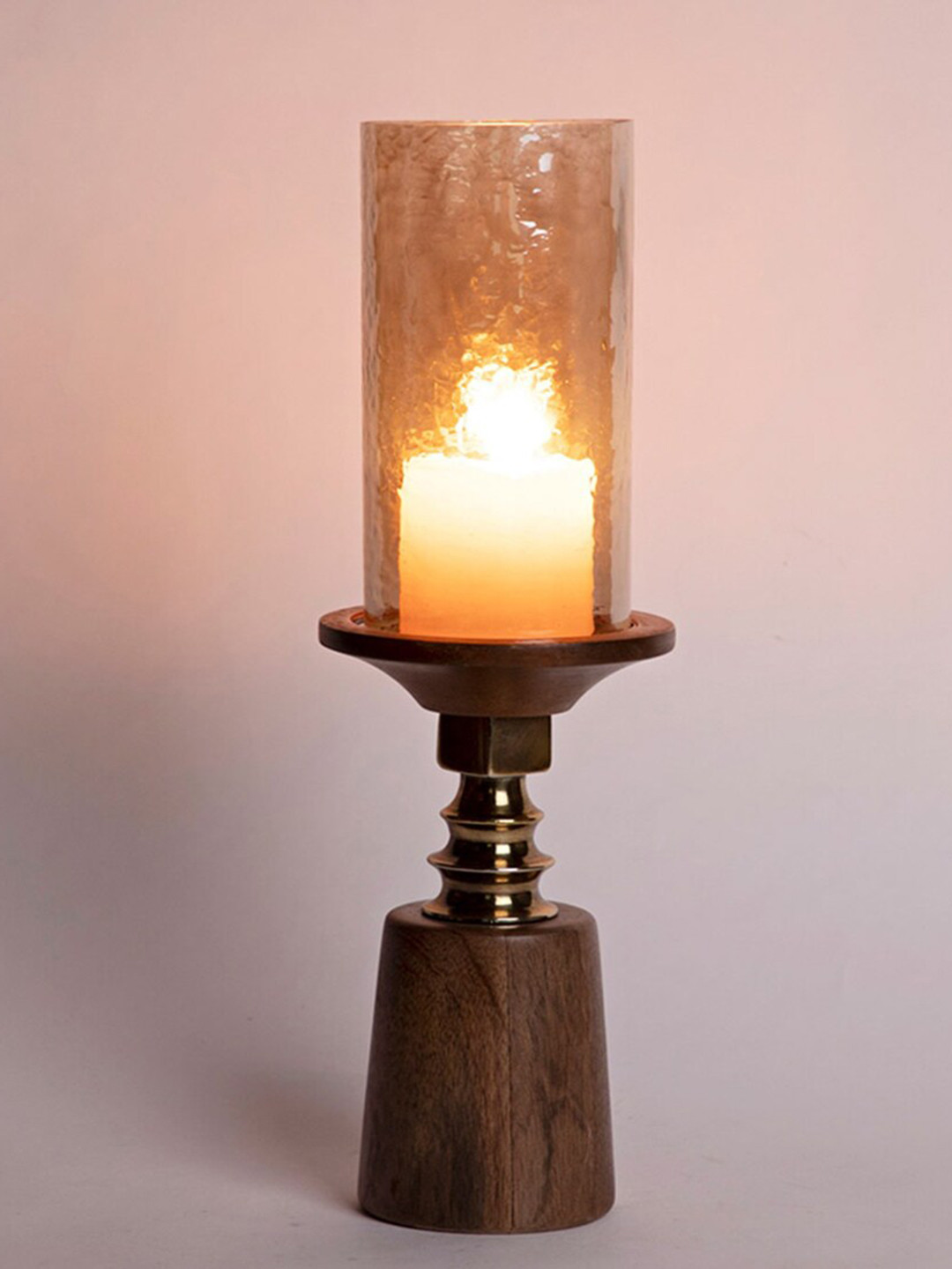 Fabindia Shashee Mauve and Brown Hurricane Shaped Wooden Candle Holder