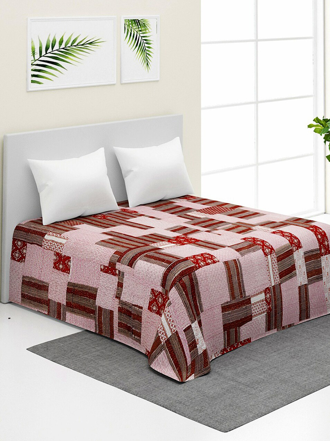 Fabindia Meru Brown & Pink Floral Printed & Embroidered Cotton Double King Bed Cover