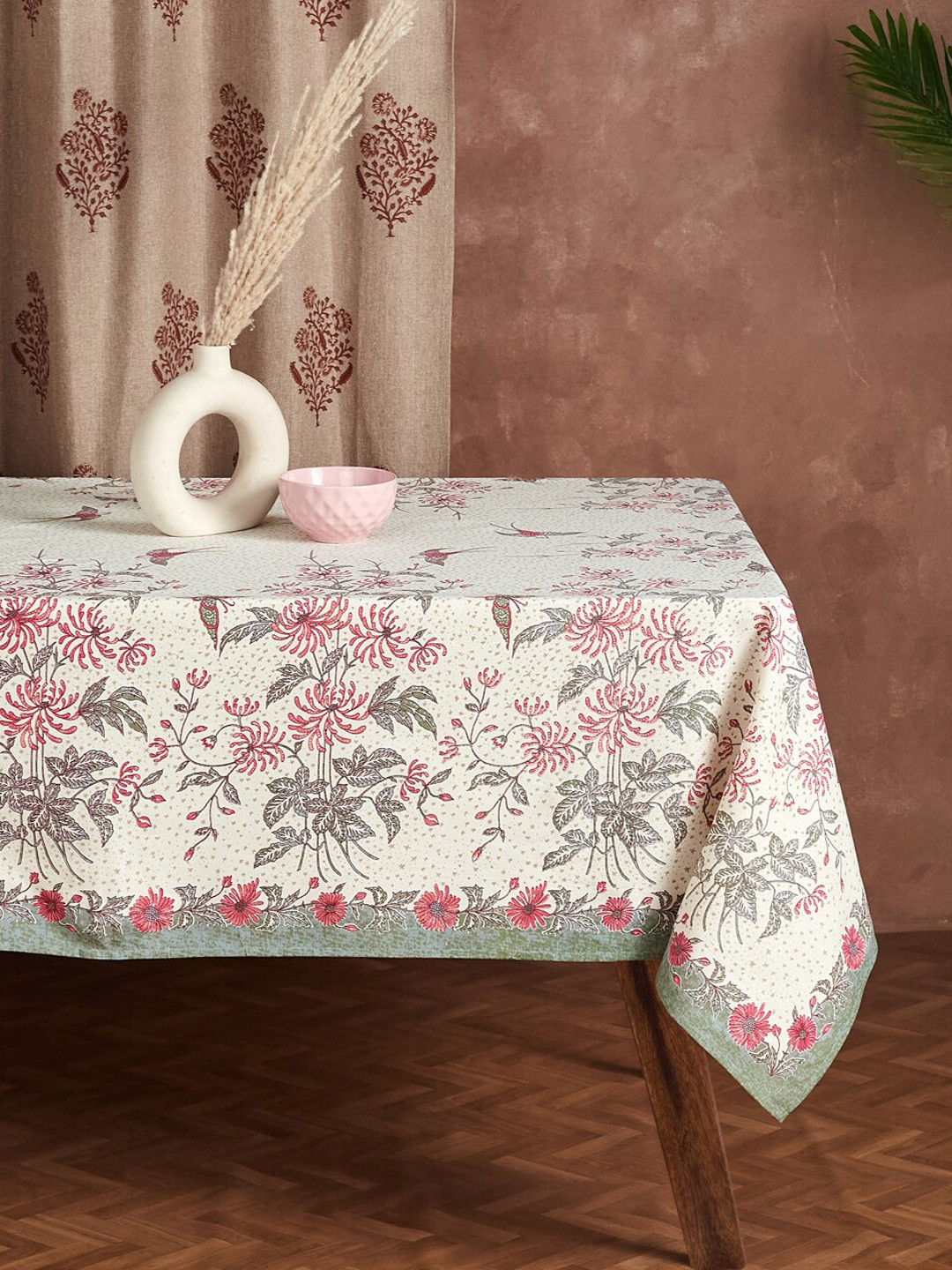 Fabindia Adira Cream & Pink Floral Printed Cotton 4-Seater Table Cover