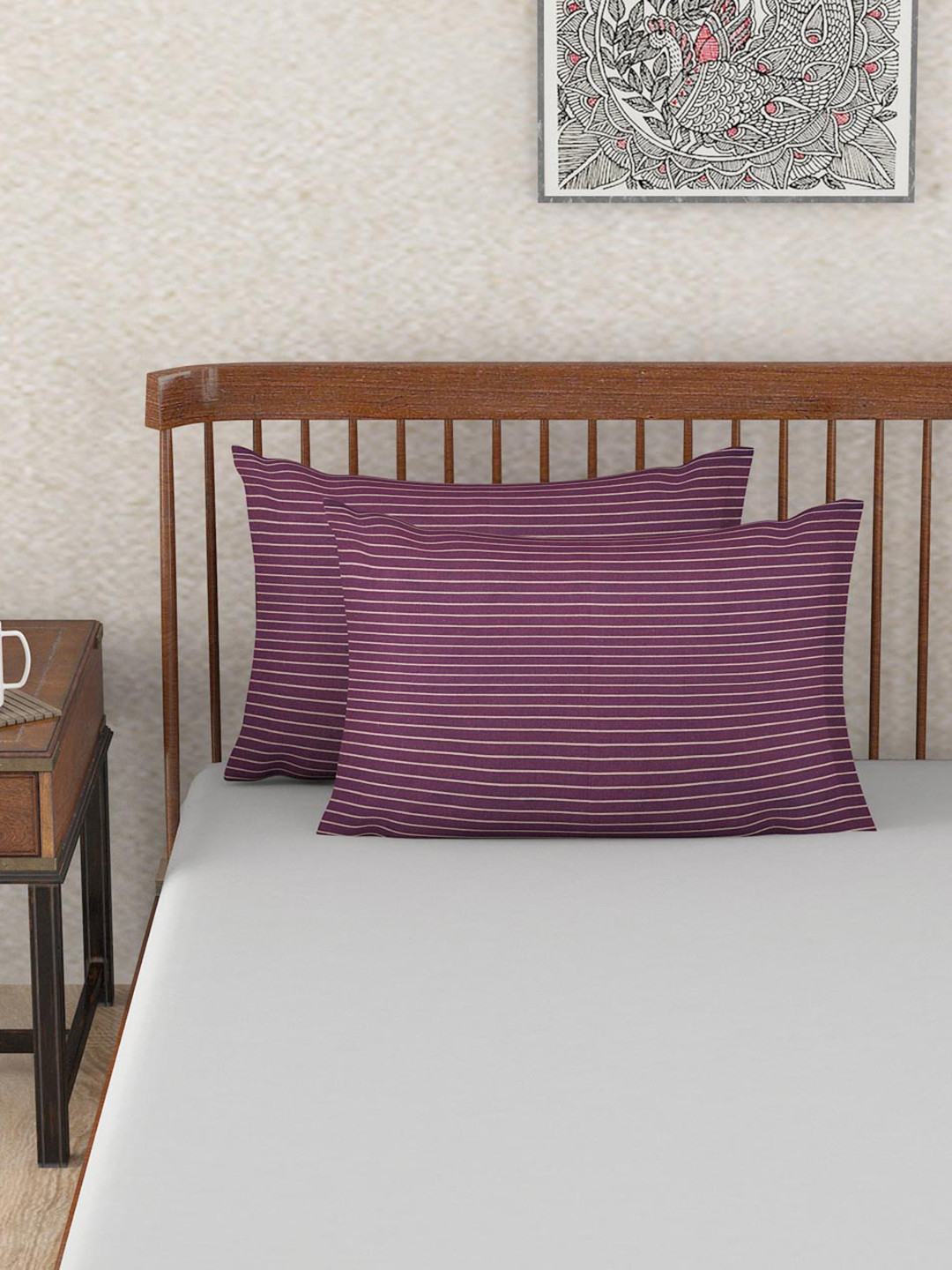 Fabindia Nile Purple & Beige 2 Pcs Striped Cotton Rectangular Pillow Covers