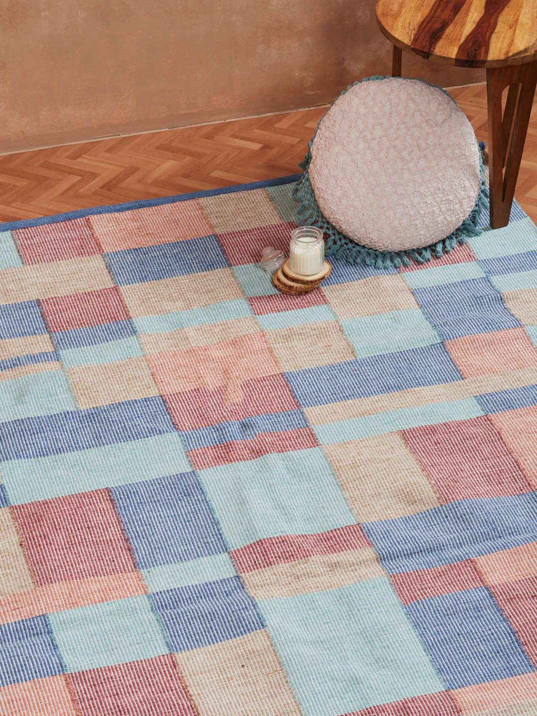 Fabindia Inaaya Blue & Brown Colourblocked Woven Design Dhurrie