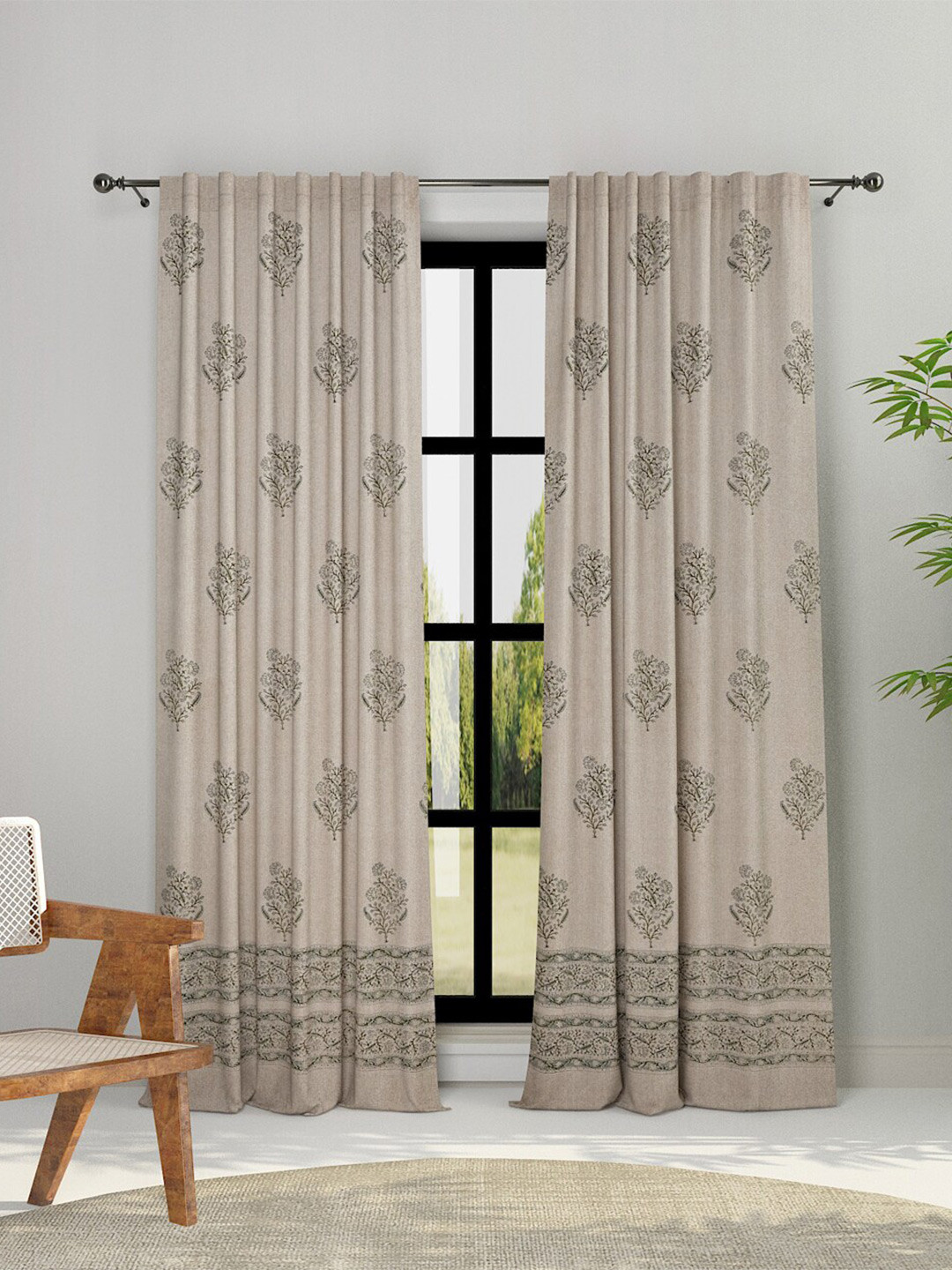Fabindia Green & Black Floral Cotton Door Curtain