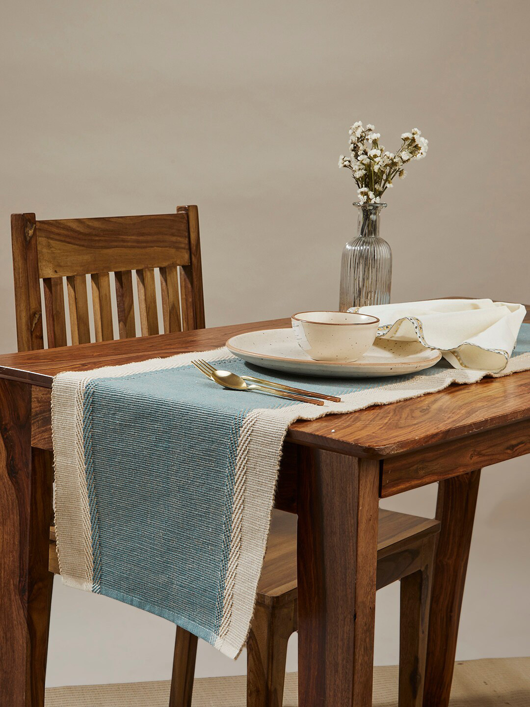 Fabindia Idika Blue & Beige Woven Design Striped Border Cotton Table Runner