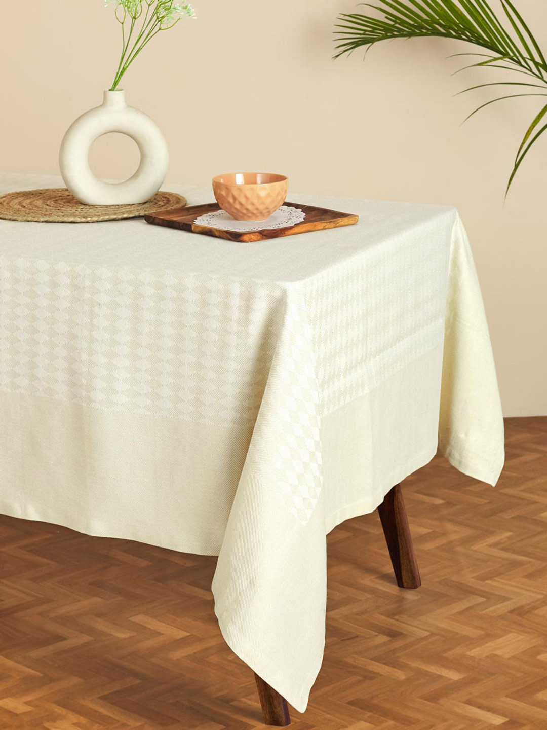 Fabindia Natural Dhaani Cream and White Geometric Woven Design 6-Seater Table Cover