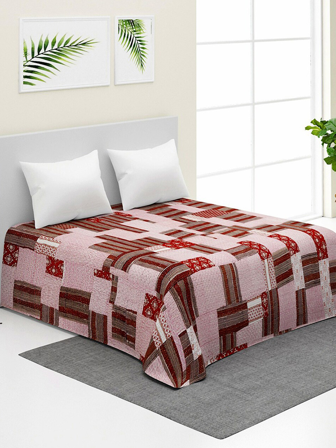 Fabindia Meru Red & Pink Floral Printed & Embroidered Cotton Single Bed Cover