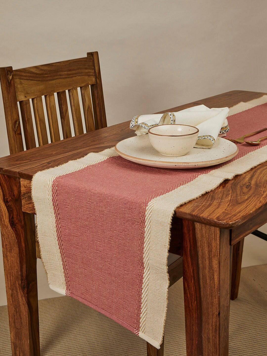 Fabindia Cerise Pink & Beige Woven Design Cotton Table Runner