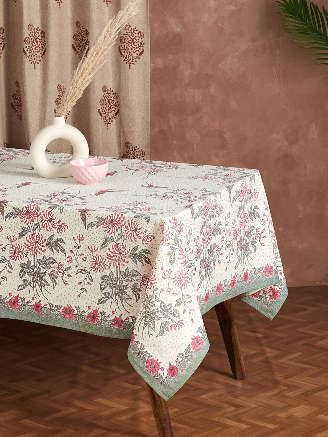 Fabindia Adira Cream & Pink Floral Printed Cotton 8-Seater Table Cover