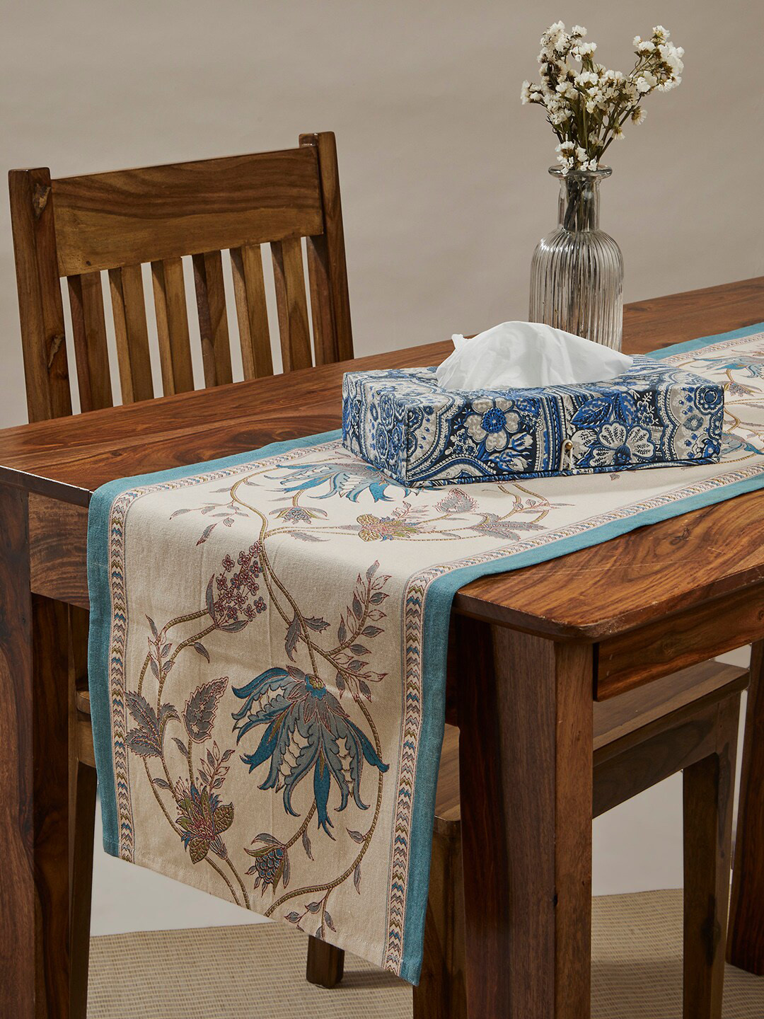 Fabindia Idika Blue & Beige Floral Printed Cotton Table Runner