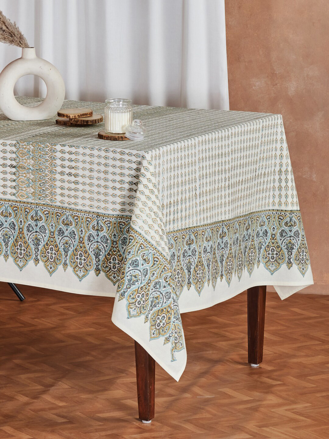 Fabindia Samara Blue & White Ethnic Motif Printed Cotton 4-Seater Table Cover