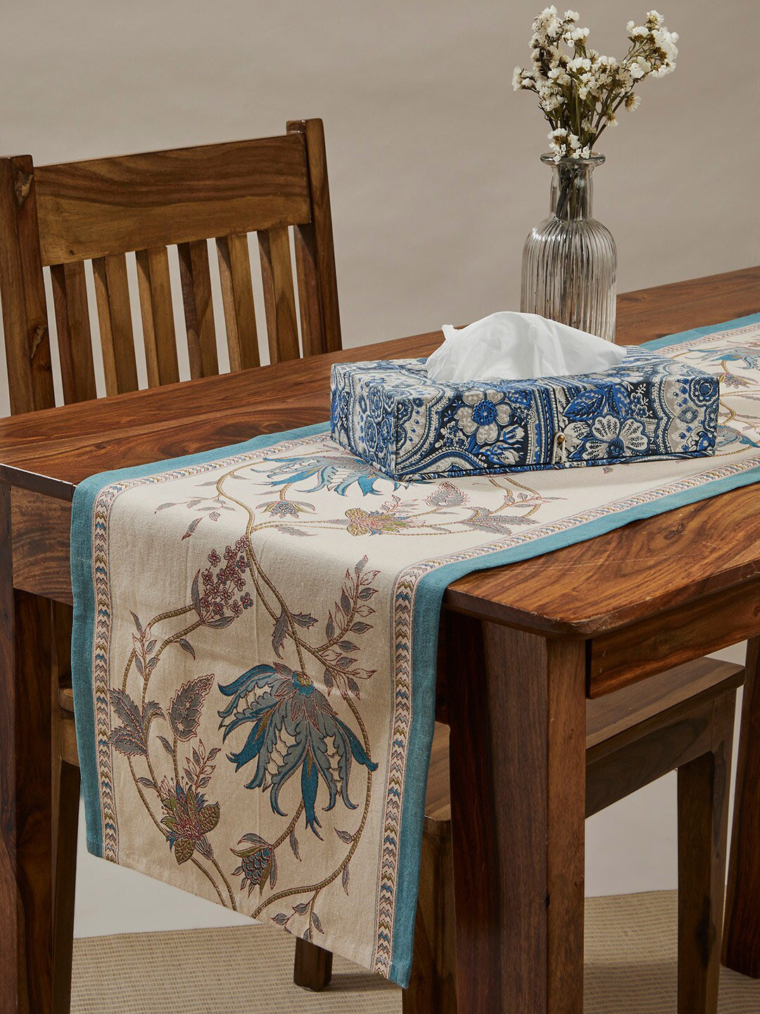 Fabindia Idika Blue & Cream-Colored Printed Pure Cotton Table Runner
